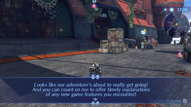 Text from the narrator saying "you can count on me to offer timely explanations of any new game features you encounter"