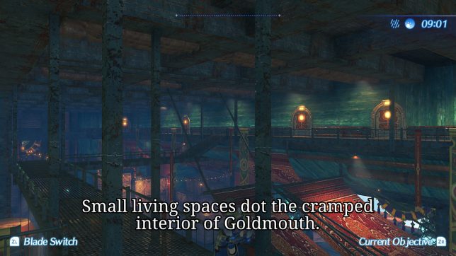 Image: Metal catwalks and tightly-grouped doors.
Text: Small living spaces dot the cramped interior of Goldmouth.