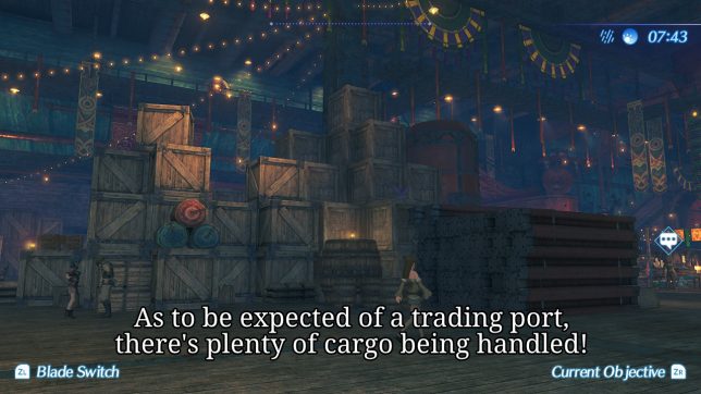 Image: Many crates of cargo.
Text: As to be expected of a trading port, there's plenty of cargo being handled!