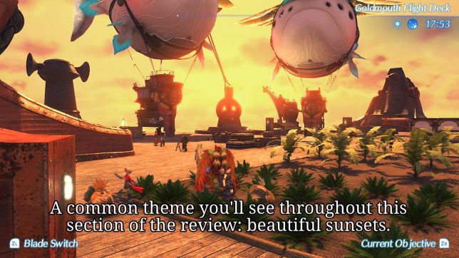 Image: A view of the sunset from a wooden deck, nearby some garden planters.
Text: A common theme you'll see throughout this section of the review: beautiful sunsets.