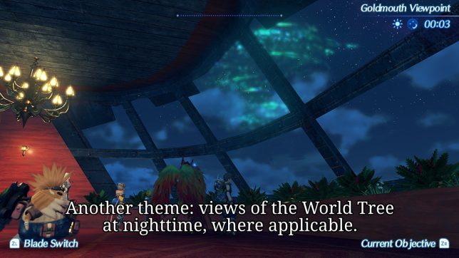 Image: A nighttime view of a far-off tall tree with glowing futuristic lights.
Text: Another theme: views of the World Tree at nighttime, where applicable.