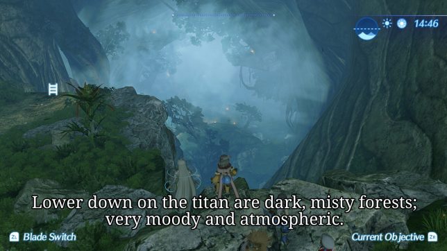 Image: A foggy, misty dark forest viewed from atop a cliff.
Text: Lower down on the titan are dark, misty forests; very moody and atmospheric.
