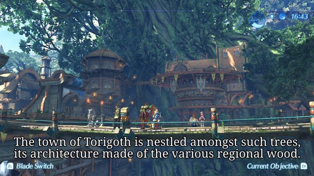 Image: A town with buildings built into the side of large tree trunks.
Text: The town of Torigoth is nestled amongst such Trees, its architecture made of the various regional wood.