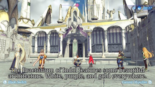 Image: A view of a white, gold, and purple archway of a building.
Text: The Praetorium of Indol features some beautiful architecture. White, purple, and gold everywhere.