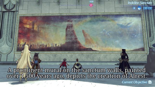 Image: A large ancient painting on a stone wall.
Text: A prominent mural on the sanctum walls, painted over 1,500 years ago, depicts the creation of Alrest.