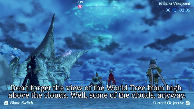 Image: The World Tree viewed from the sky, covered partially by high clouds.
Text: Don't forget the view of the World Tree from high above the clouds. Well, some of the clouds, anyway.
