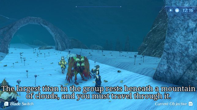 Image: A deep blue watery background viewed through a transparent cave wall.
Text: The largest titan in the group rests beneath a mountain of clouds, and you must travel through it.