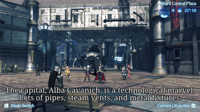 Image: A shiny, industrial metal cityscape.
Text: The capital, Alba Cavanich, is a technological marvel. Lots of pipes, steam vents, and metal fixtures.