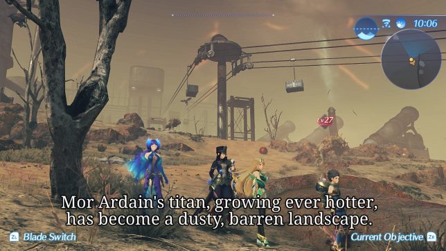 Image: A dust storm brewing on a dirty, crop-free plain.
Text: Mor Ardain's titan, growing ever hotter, has become a dusty, barren landscape.