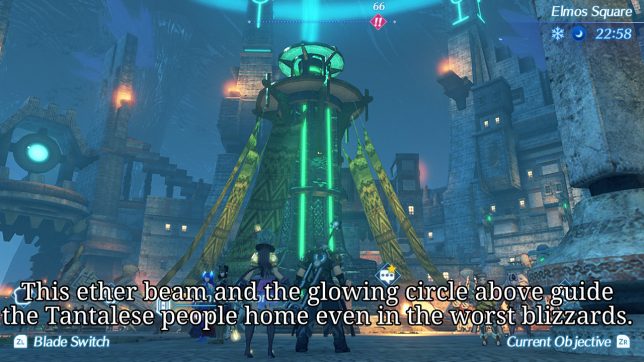 Image: A large pillar with green accents shooting a beam of green light upward.
Text: This ether beam and the glowing circle above guide the Tantalese people home even in the worst blizzards.