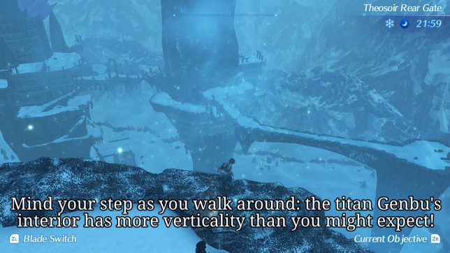 Image: A vertical view of the snowy landscape below and large rocky pillars.
Text: Mind your step as you walk around: the titan Genbu's interior has more verticality than you might expect!