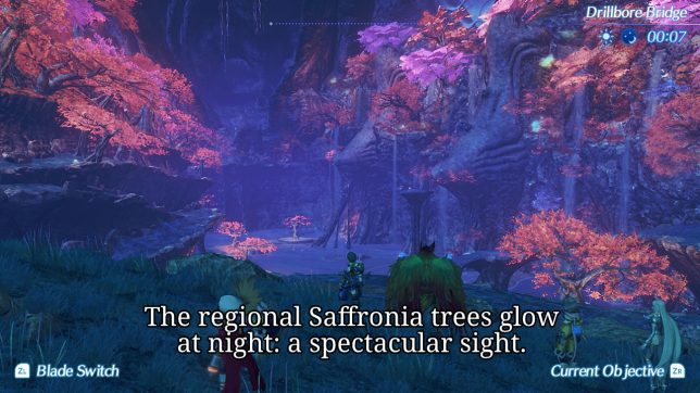 Image: Pink and Orange glowing trees against a purplish cave at night.
Text: The regional Saffronia trees glow at night: a spectacular sight.