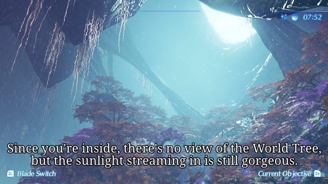 Image: Sunlight visible from below an opening in a cavern.
Text: Since you're inside, there's no view of the World Tree, but the sunlight streaming in is still gorgeous.